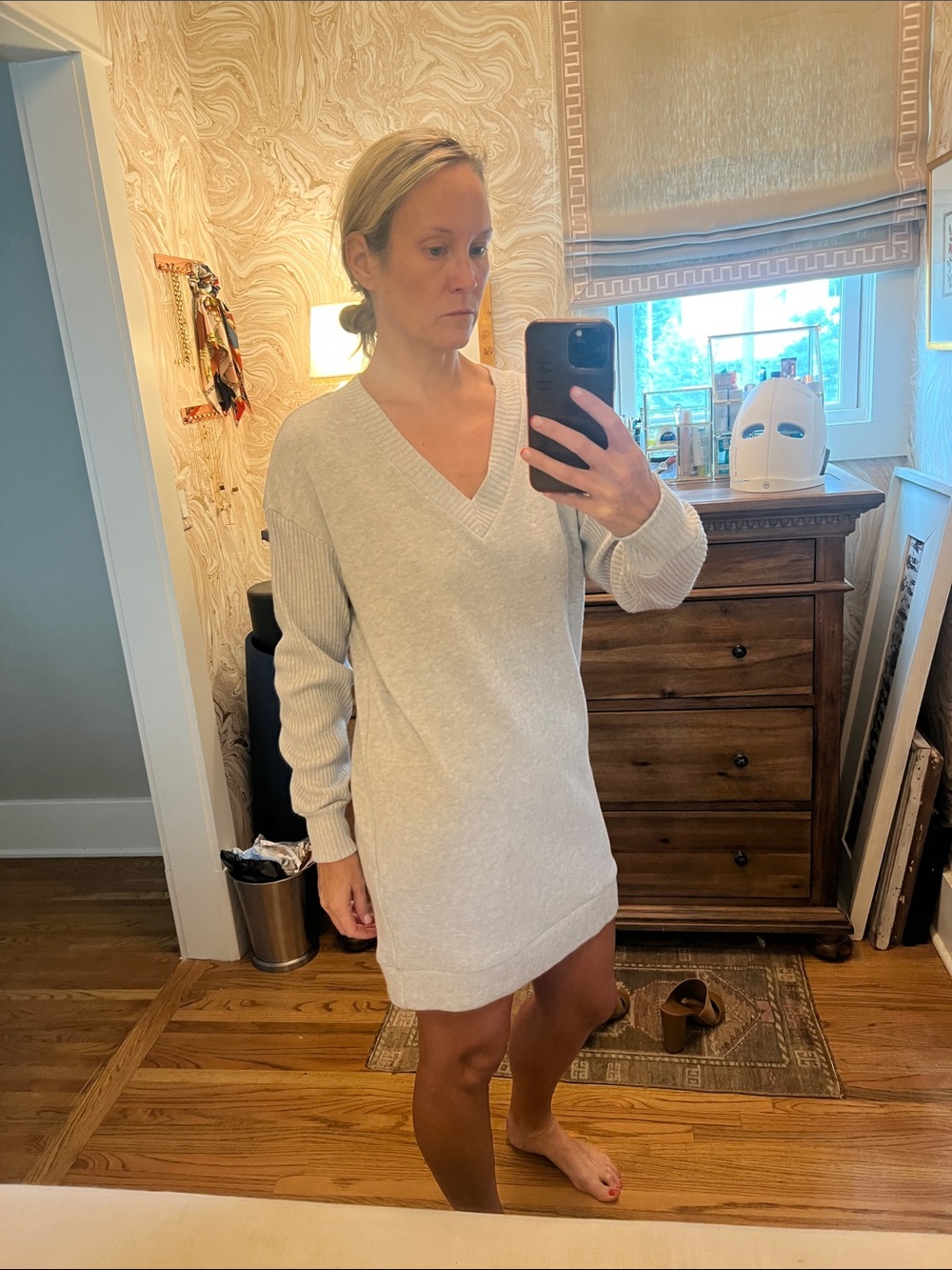 Women’s V-Neck Sweater Dress in Light Gray